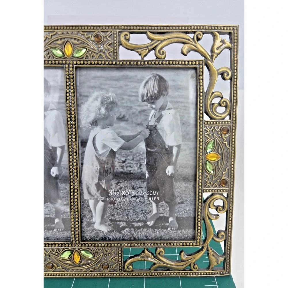 Gold Tone Metal Jeweled Double Picture Frame 3.5